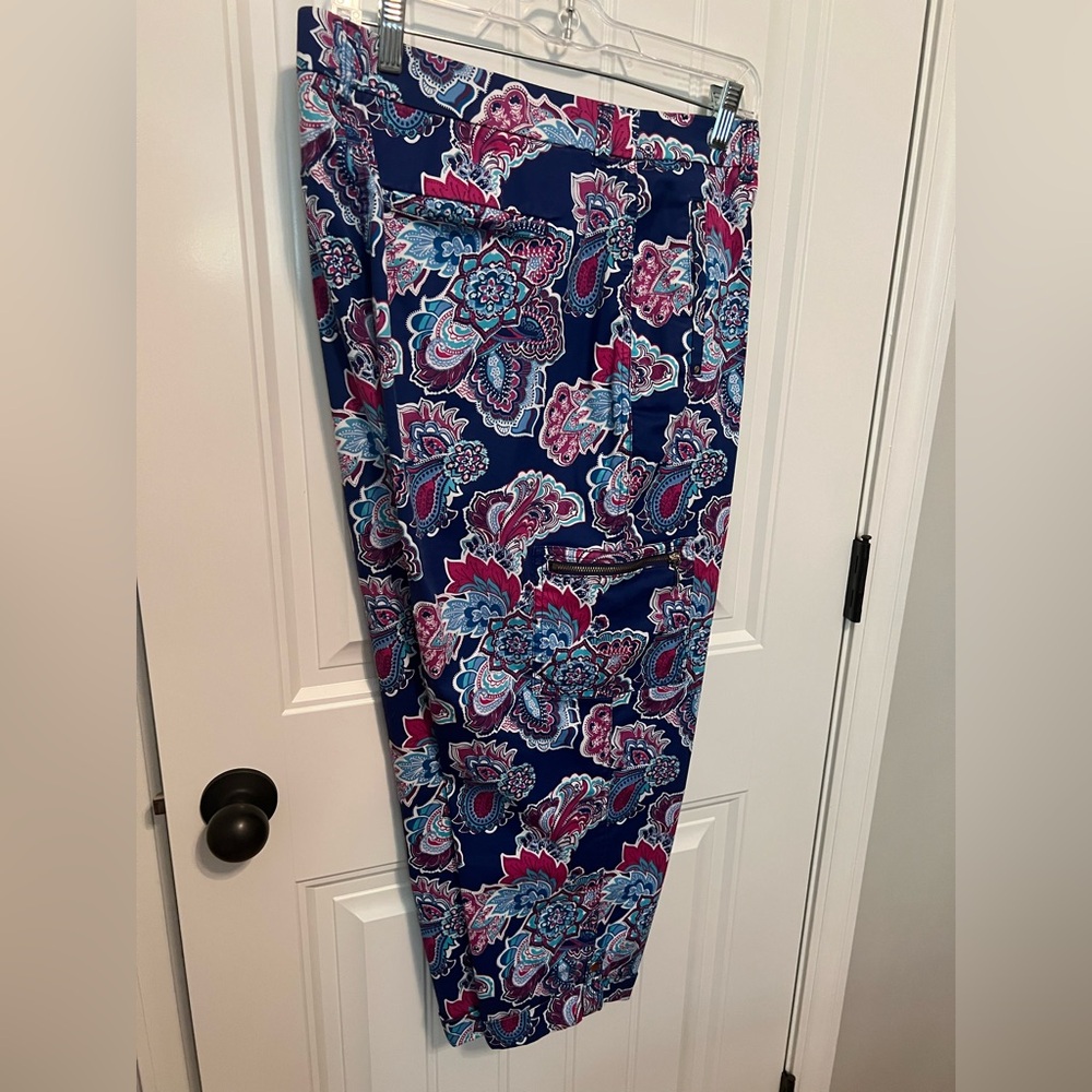 Chico's Navy Floral Paisley Ankle Pants with Pink and Light Blue Accents